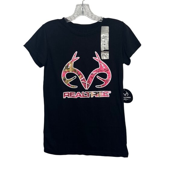 Realtree Camo Logo Short Sleeve Tshirt Womens Small Black Pink New Hunting - Picture 1 of 9